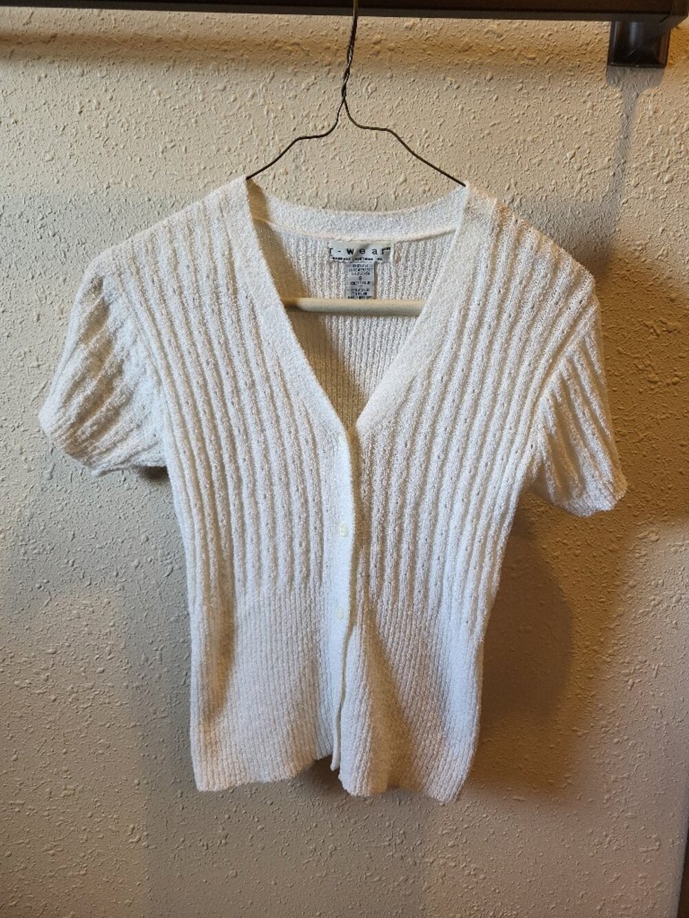 Women's white short sleeve, button down, sweater. Small
